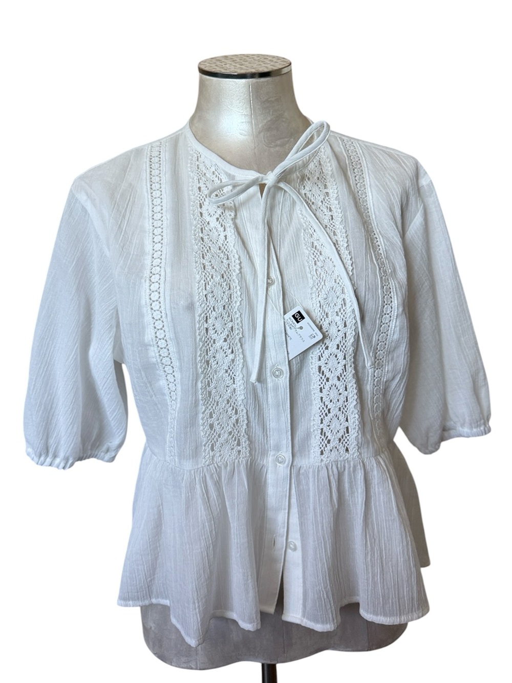 GU White Lace Trim Peplum Tie Neck Blouse Top XL New
